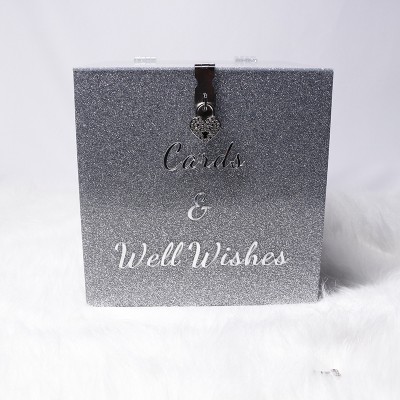 New custom glitter silver acrylic wedding box Gift and greeting card storage box With heart-shaped diamond lock souvenir